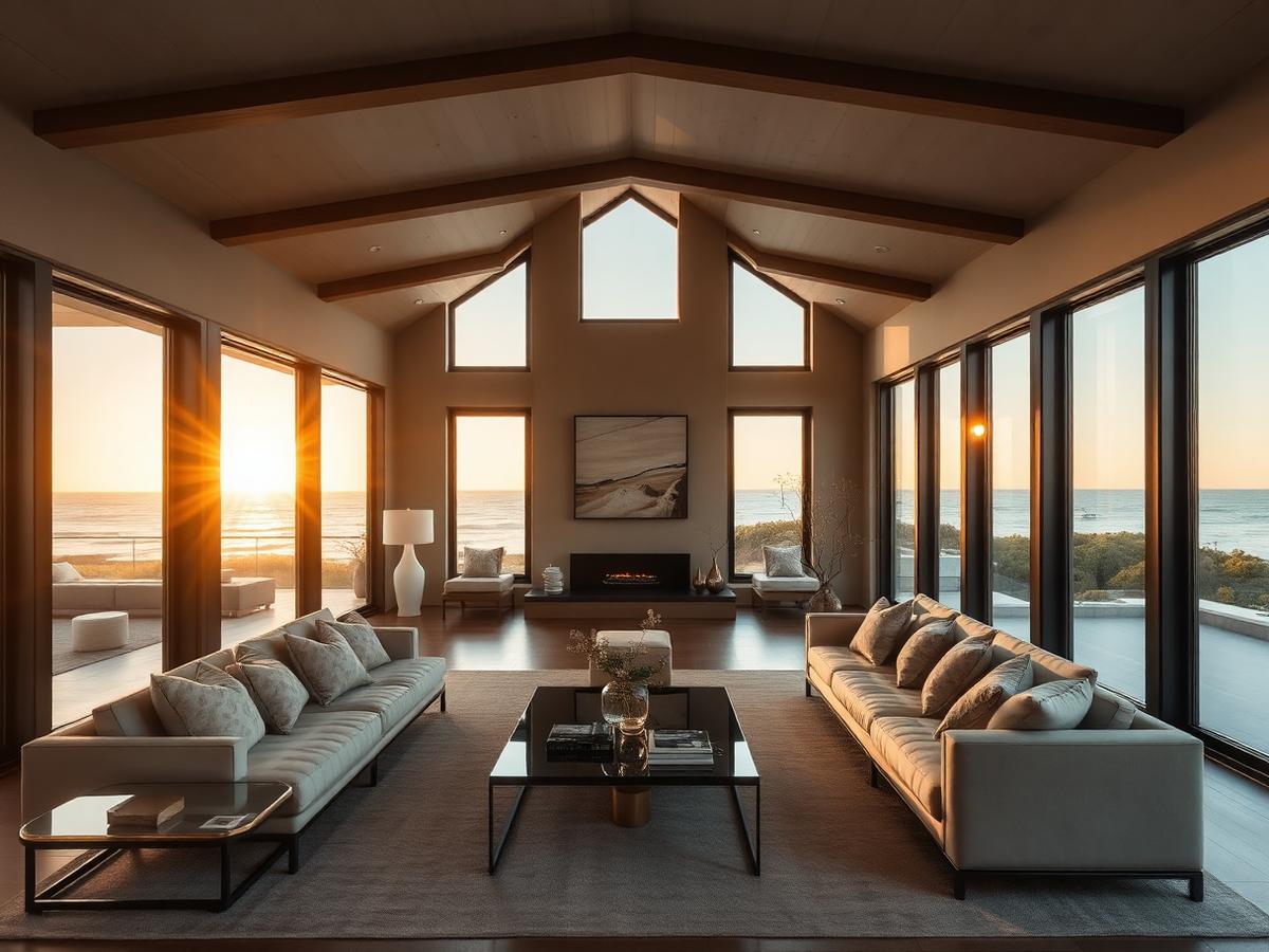 Sunlit coastal California living room with ocean views